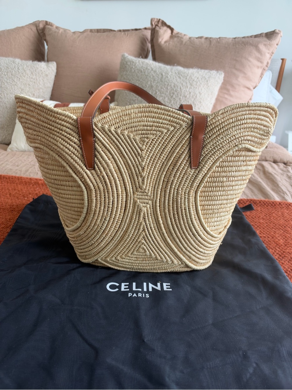 Celine Natural Woven Straw Tote with Brown Leather Handles